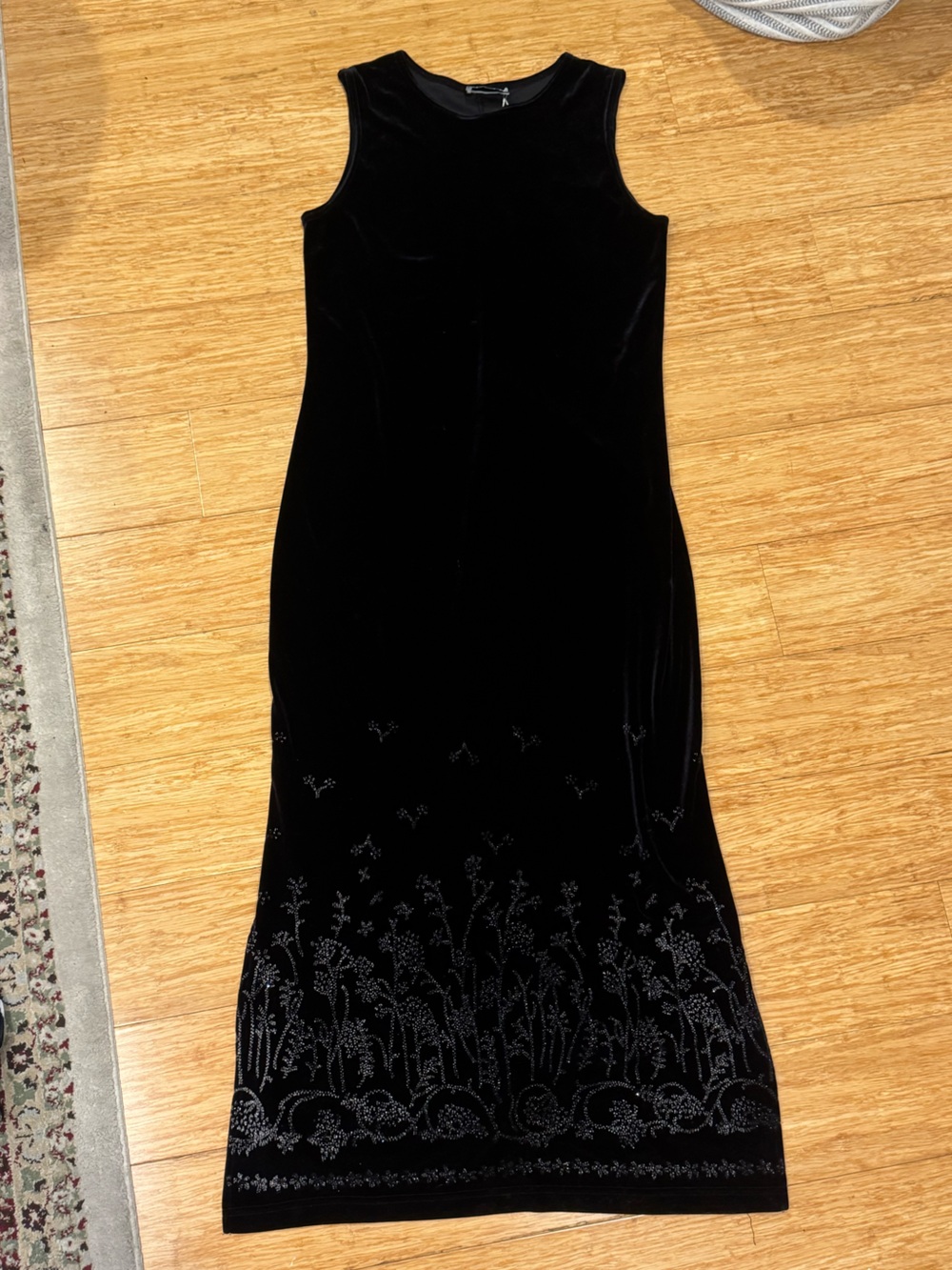 Vintage Cabrais black velvet embellished slinky sleeveless slip midi dress